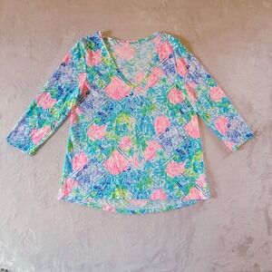 Lilly Pulitzer Etta Top Bohemian Queen Pattern Large 3/4 Sleeve Stretch